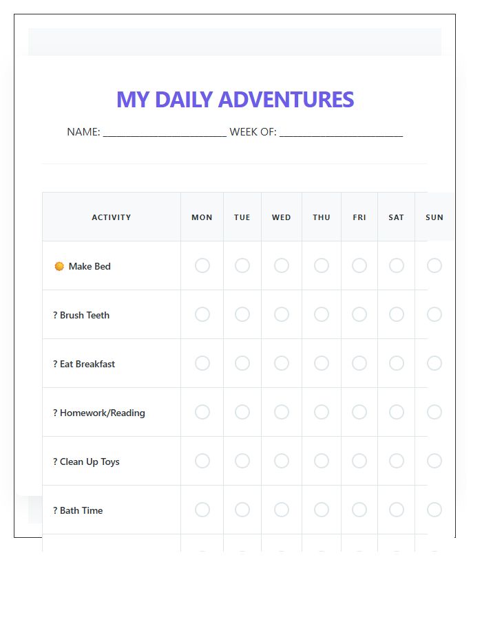 Kids Daily Routine Activity Calendar Printable Chart