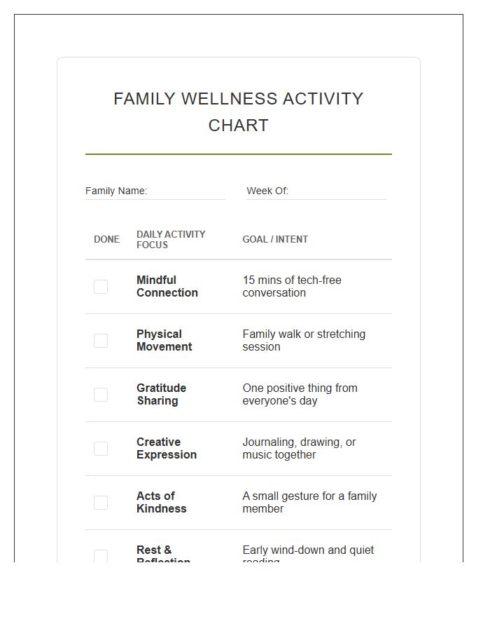 Mental Health Family Wellness Activity Printable Chart