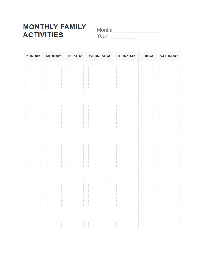 Monthly Family Activity Calendar Printable Chart