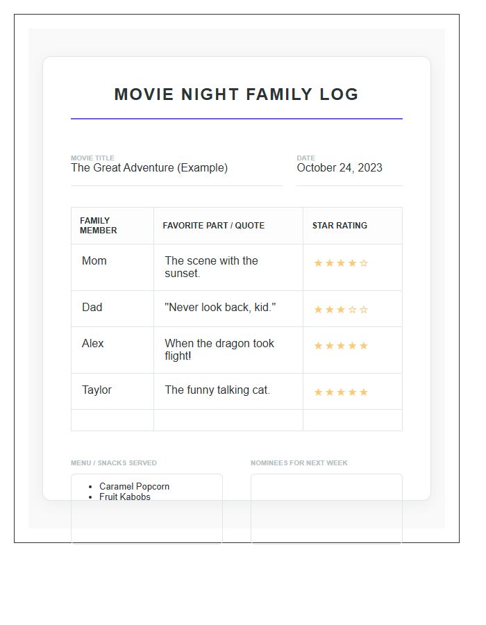 Movie Night Family Activity Printable Chart