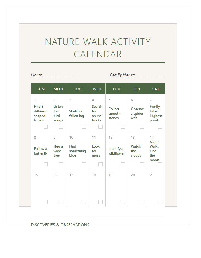 Nature Walk Family Activity Calendar Printable Chart
