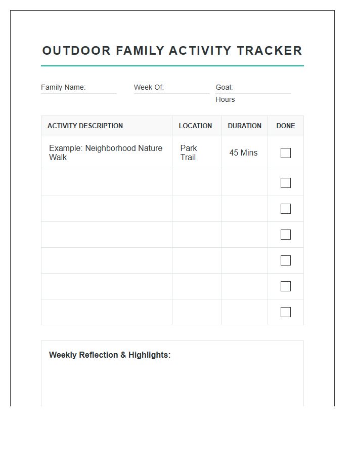 Outdoor Family Exercise Activity Printable Chart