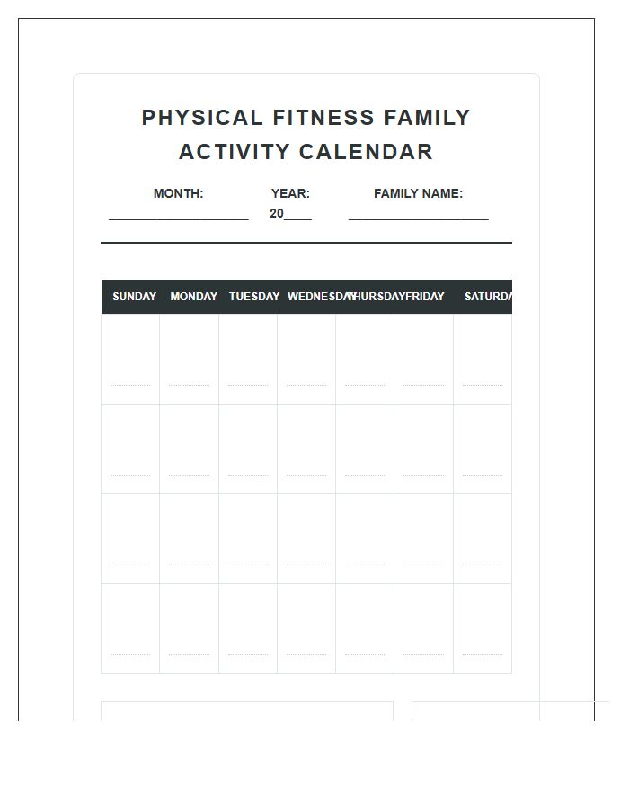 Physical Fitness Family Activity Calendar Printable Chart