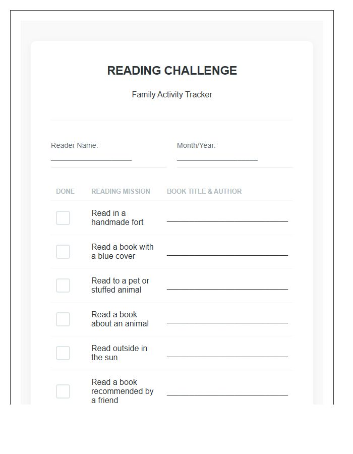 Reading Challenge Family Activity Printable Chart
