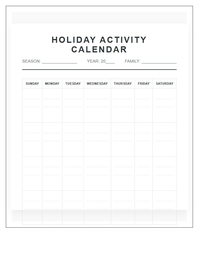 Seasonal Family Holiday Activity Calendar Printable Chart