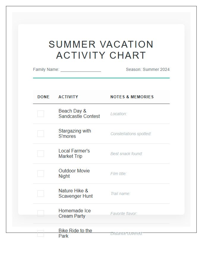 Summer Family Vacation Activity Printable Chart