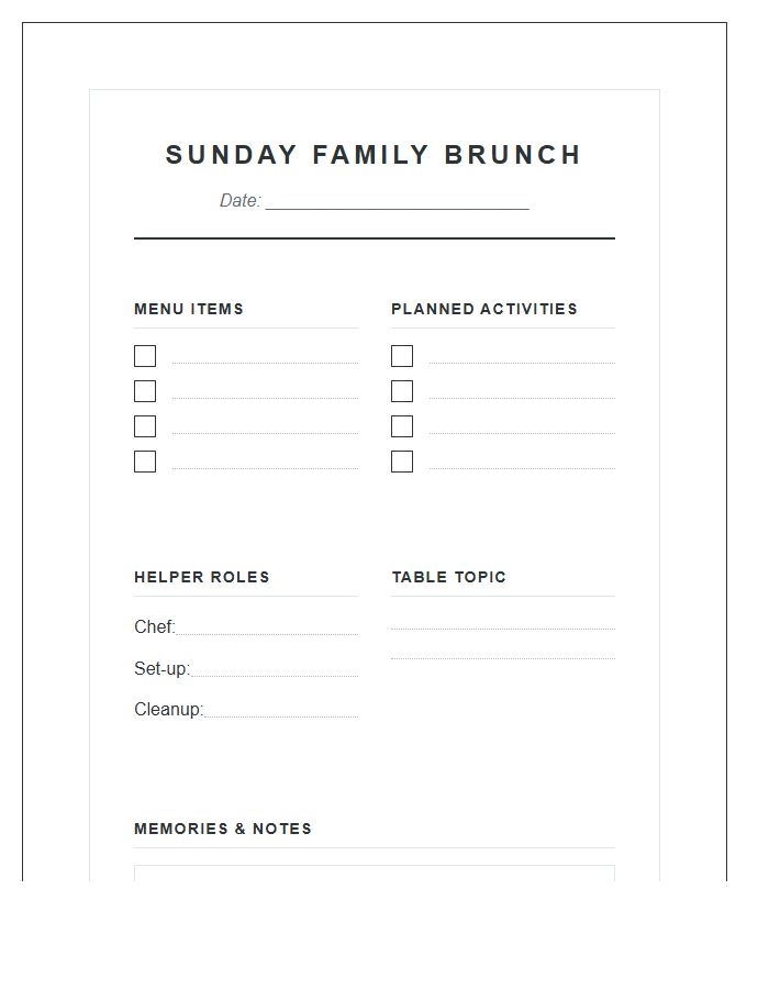 Sunday Family Brunch Activity Printable Chart