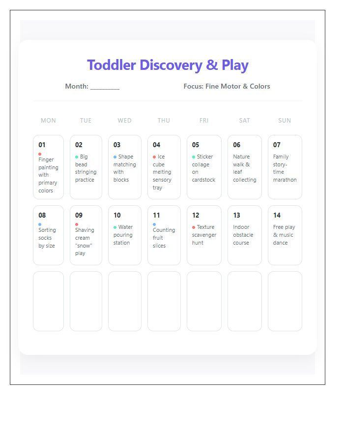 Toddler Educational Activity Calendar Printable Chart