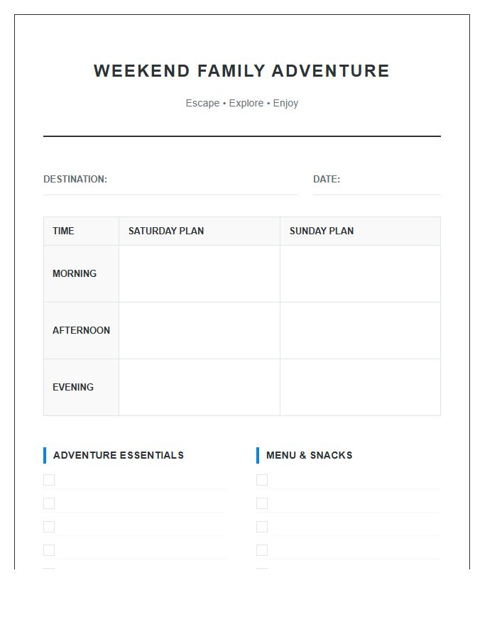 Weekend Family Adventure Planning Printable Chart