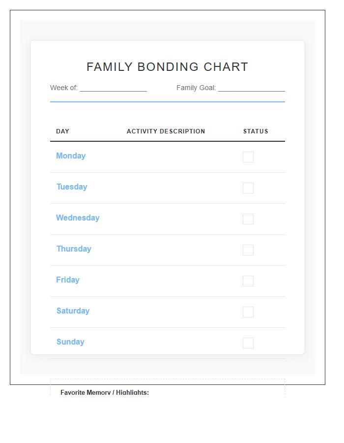 Weekly Family Bonding Activity Printable Chart