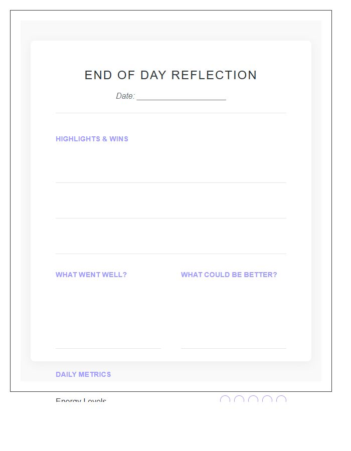 End Of Day Reflection Printable Chart