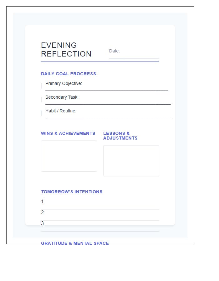 Goal Review Evening Reflection Printable Chart