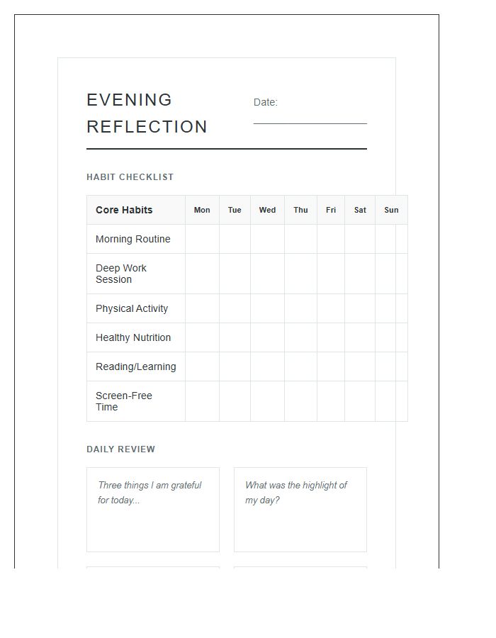 Habit Tracker Evening Reflection Printable Chart