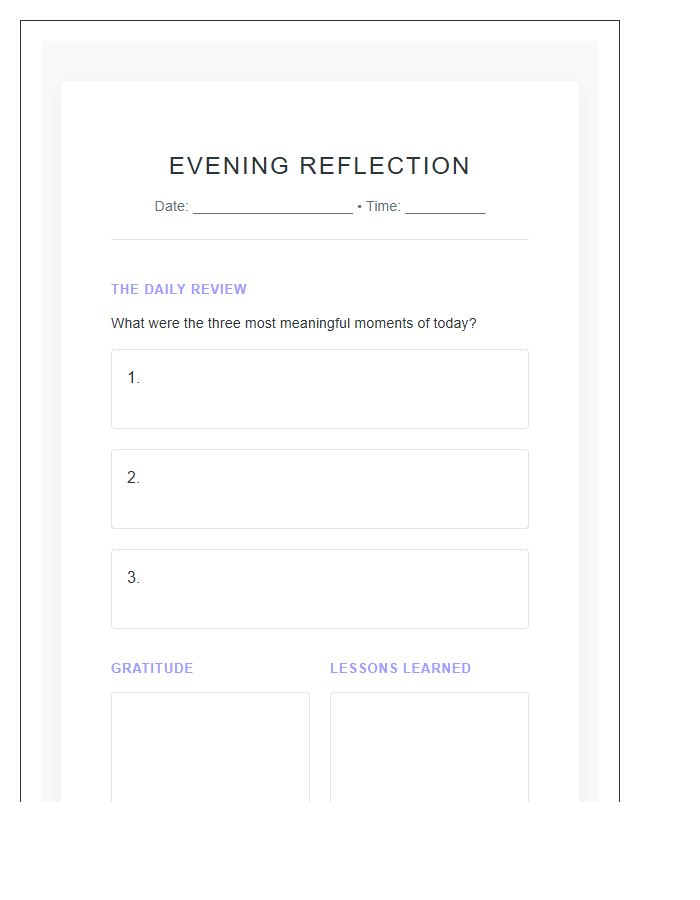 Intention Setting Evening Reflection Printable Chart