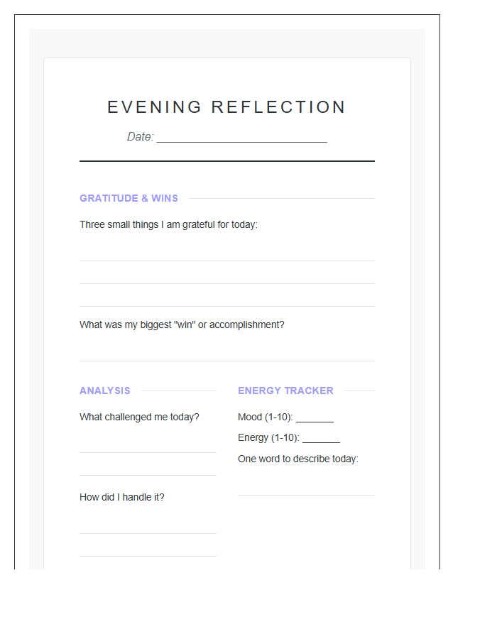 Journaling Evening Reflection Printable Chart