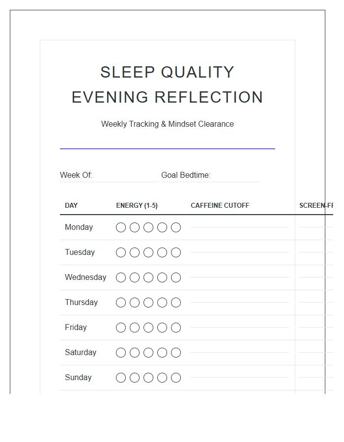 Sleep Quality Evening Reflection Printable Chart