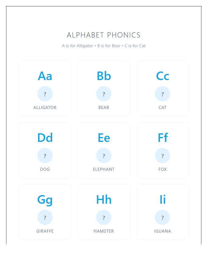 Cute Animal Alphabet Phonics Printable Chart