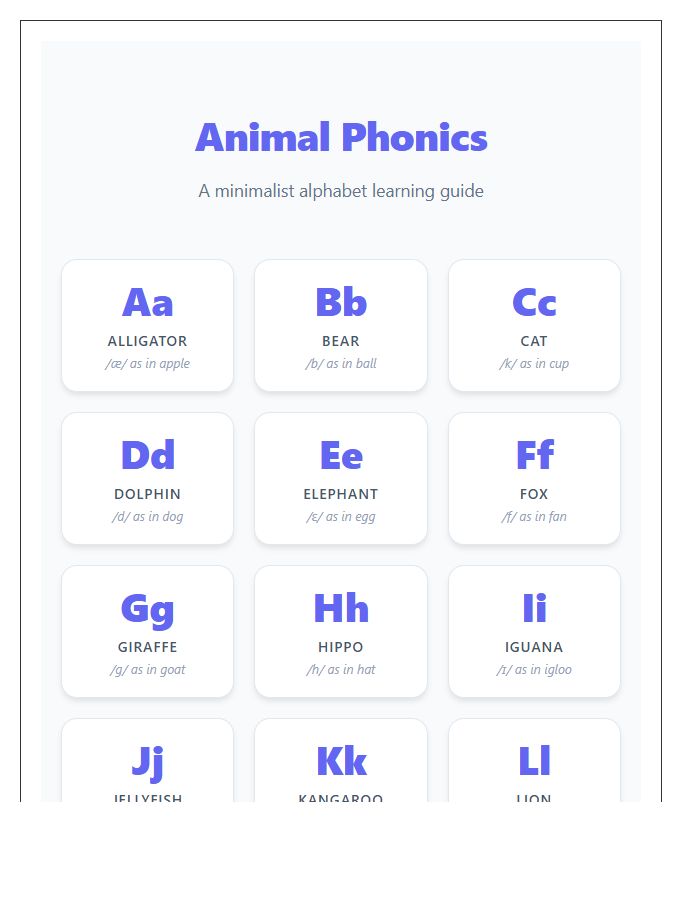 Educational Animal Alphabet Phonics Printable Chart