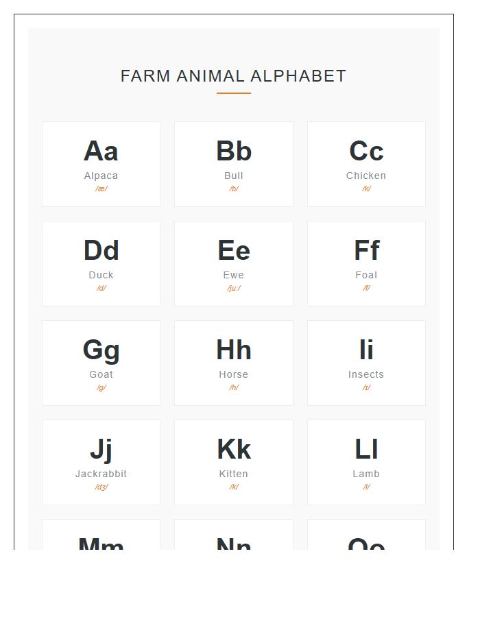 Farm Animal Alphabet Phonics Printable Chart