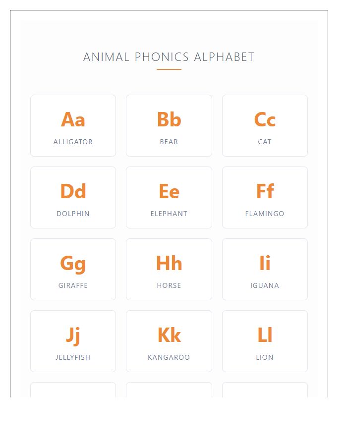 Home School Animal Phonics Alphabet Printable Chart