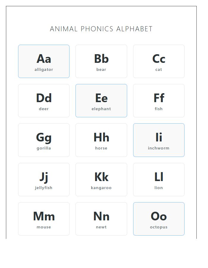 Kindergarten Animal Phonics Alphabet Printable Reference Chart