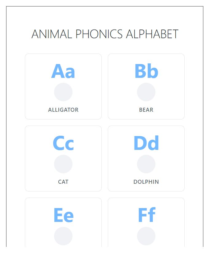 Large Format Animal Phonics Alphabet Printable Chart