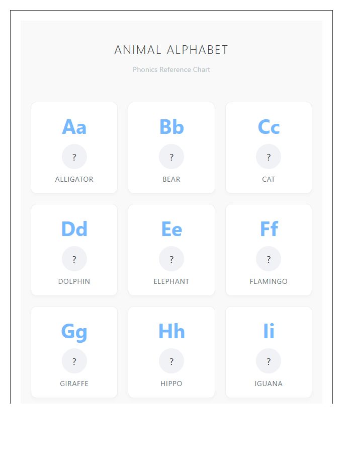 Preschool Animal Alphabet Phonics Printable Chart