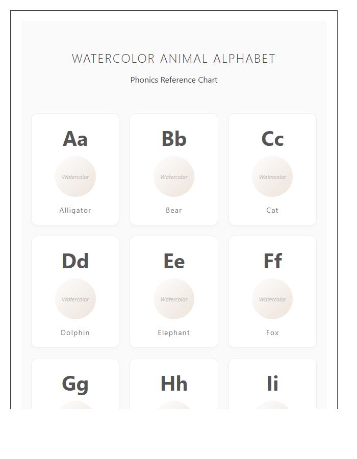 Watercolor Animal Alphabet Phonics Printable Chart
