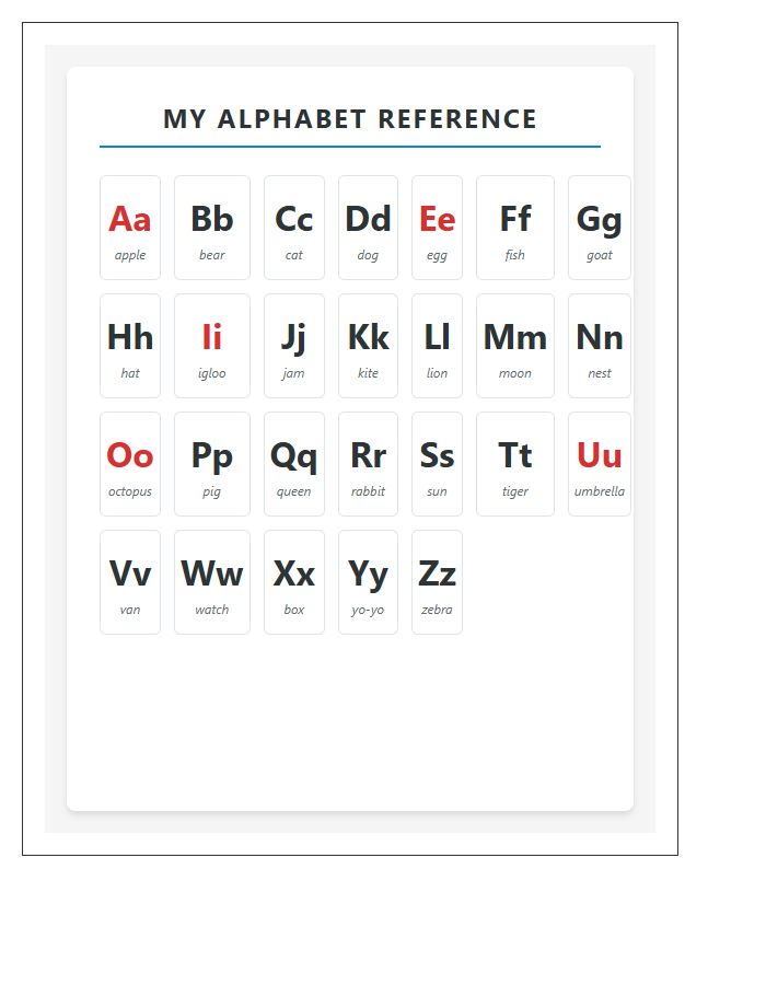 Kindergarten Learning Center Desk Size Printable Alphabet Chart
