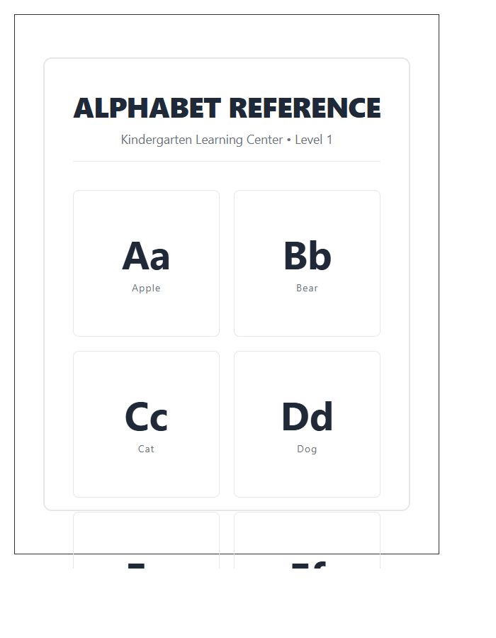 Large Format Kindergarten Learning Center Printable Alphabet Chart