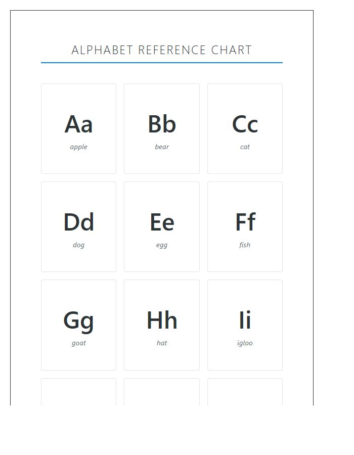 Primary Kindergarten Learning Center Printable Alphabet Chart