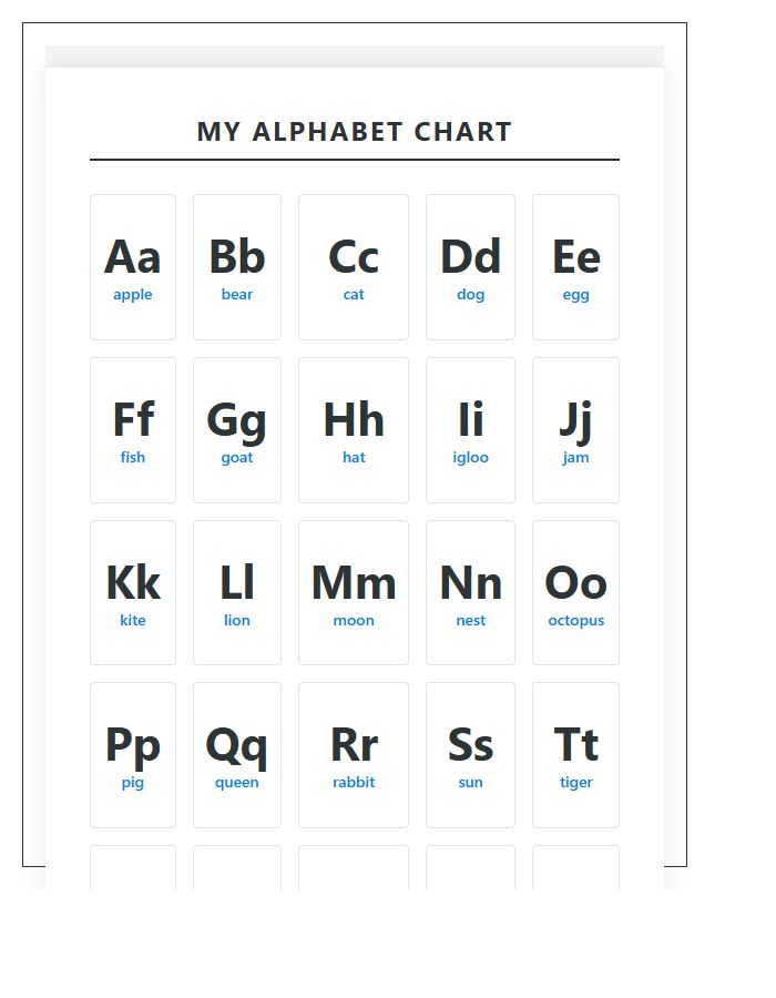 Printable Alphabet Chart For Kindergarten Learning Center