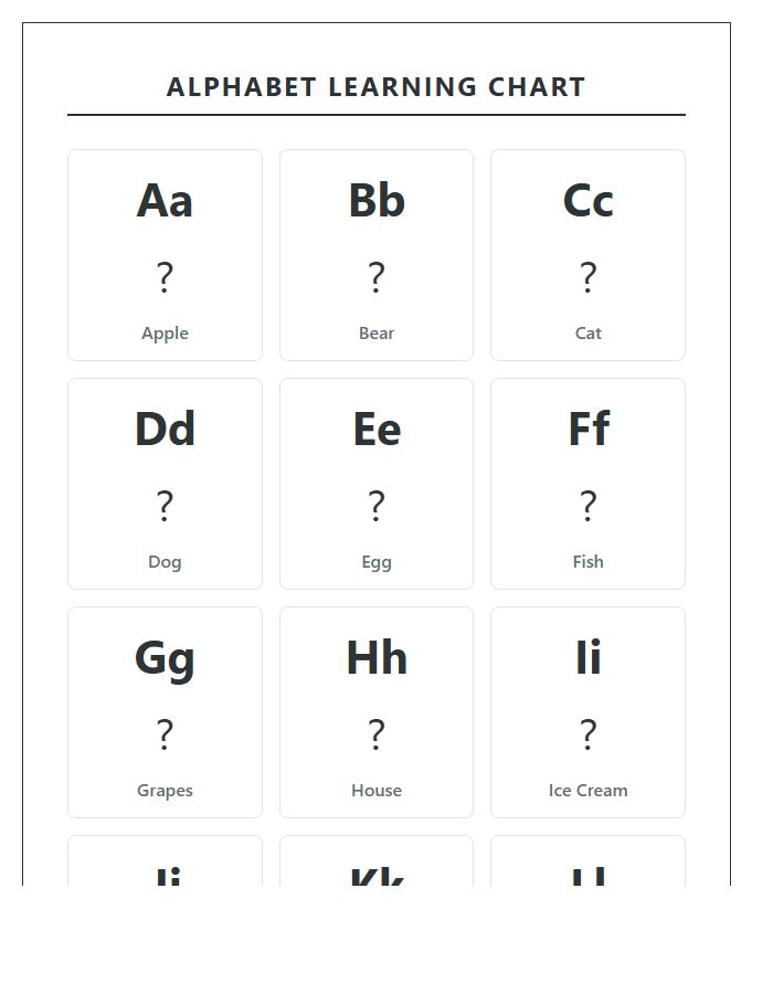 Printable Alphabet Chart With Pictures For Kindergarten Learning Center