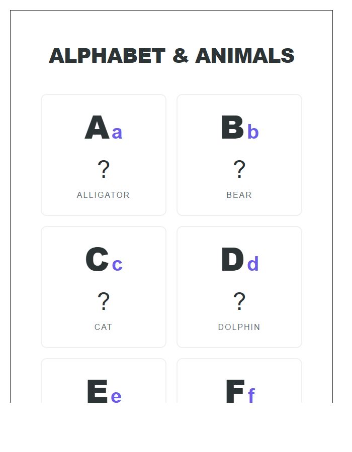Animal Theme Large Format Classroom Printable Alphabet Chart