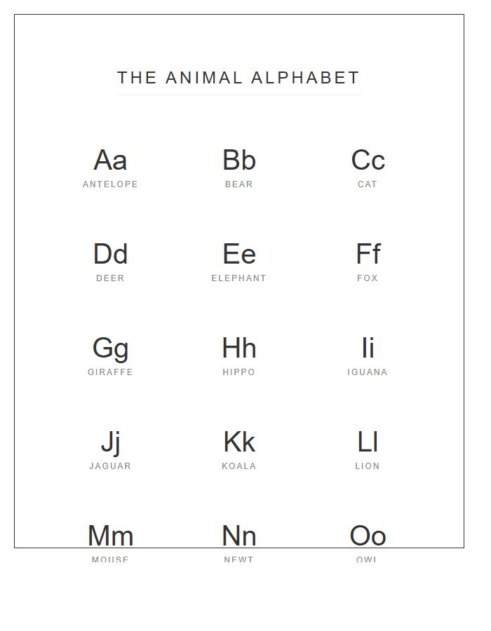 Minimalist Animal Alphabet Chart Printable For Nursery