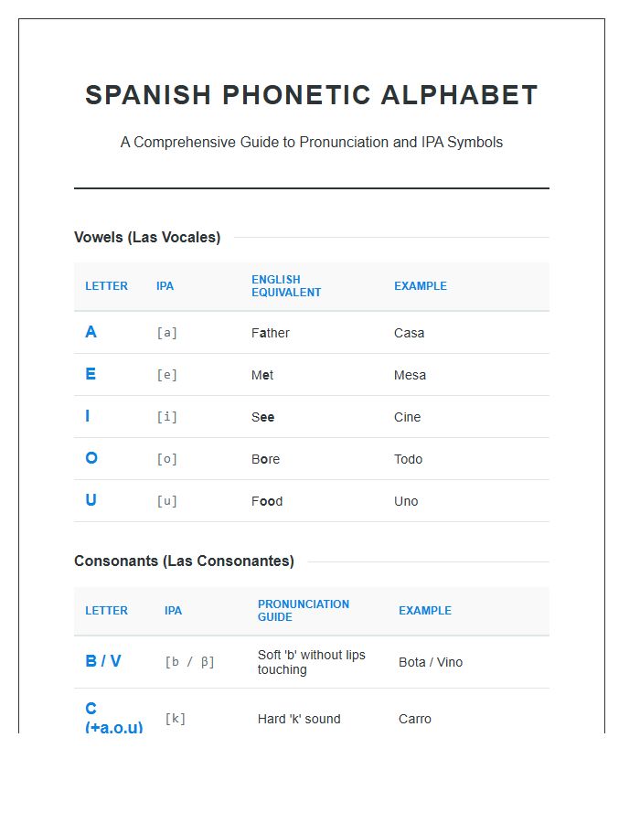 Comprehensive Spanish Phonetic Alphabet Study Chart Printable
