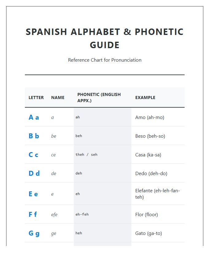 Printable Spanish Alphabet Table With Phonetic Guidance Chart