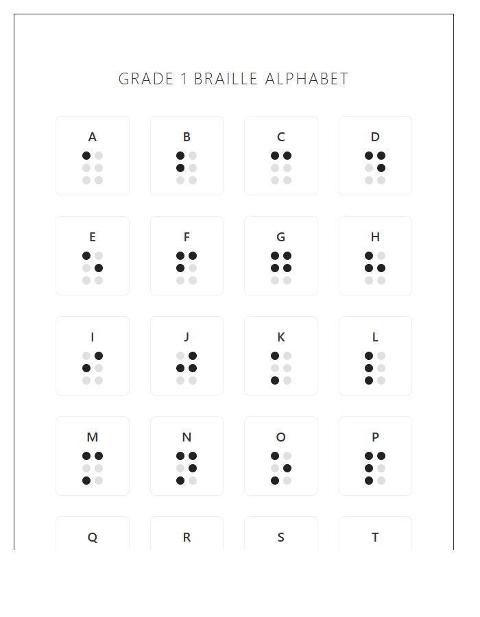 Grade One Braille Tactile Printable Alphabet Chart