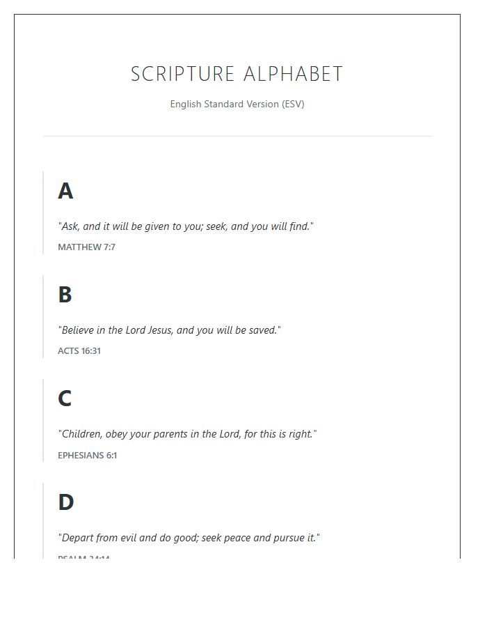 English Standard Version Bible Verse Alphabet Printable Chart