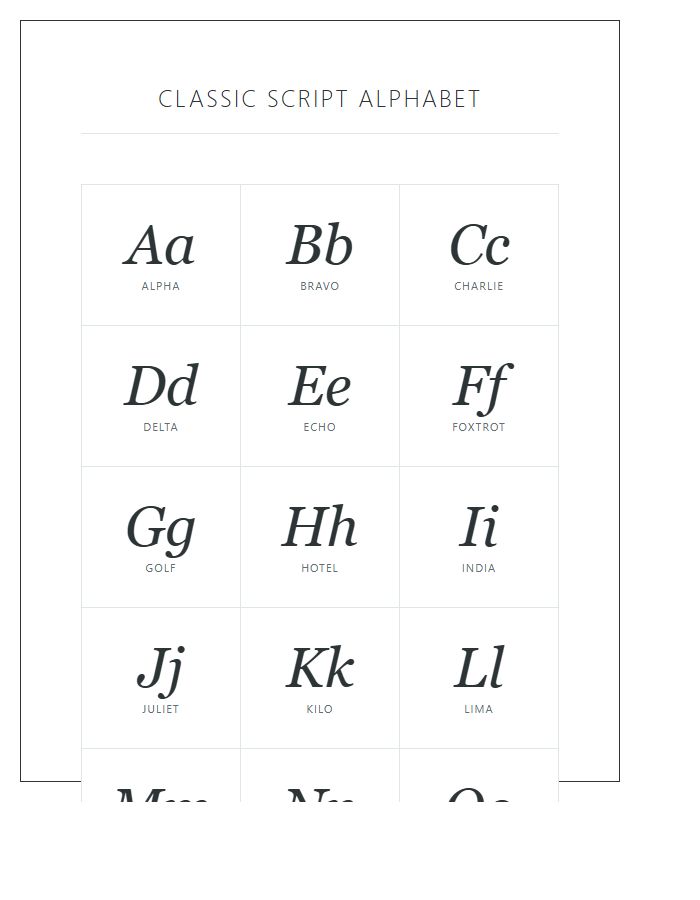 Classic Script Alphabet Chart Printable