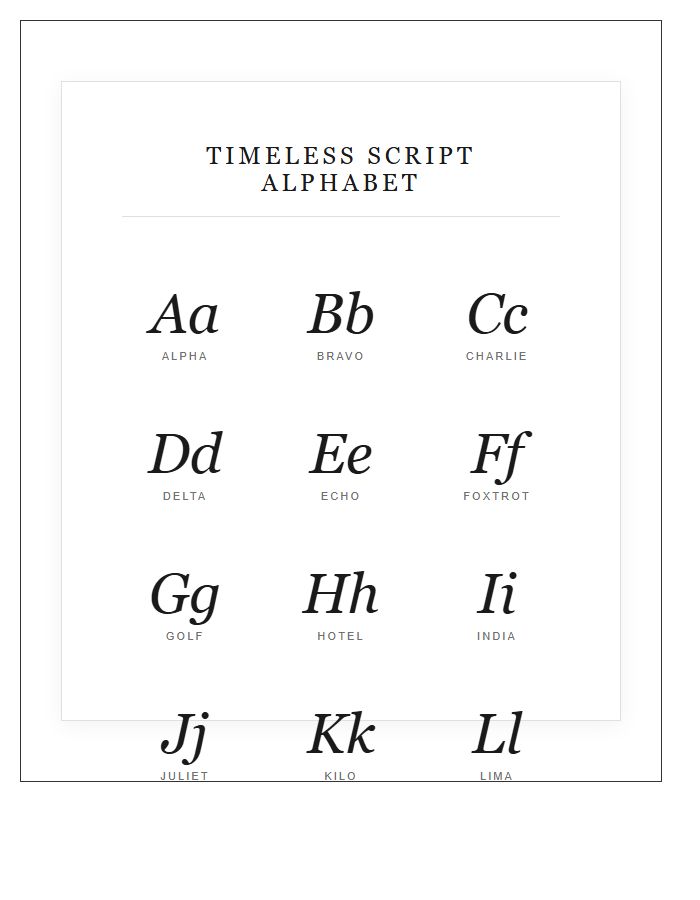 Timeless Script Alphabet Chart Printable