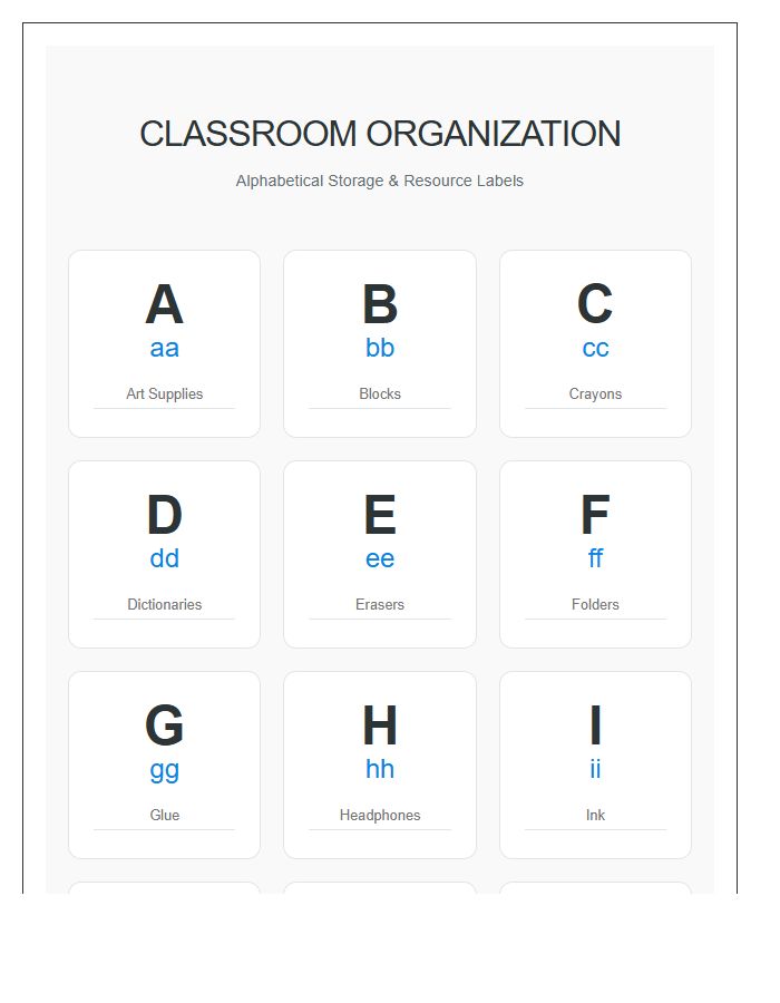 Classroom Organization Alphabet Printable Chart