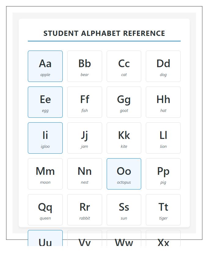 Student Desk Printable Alphabet Chart