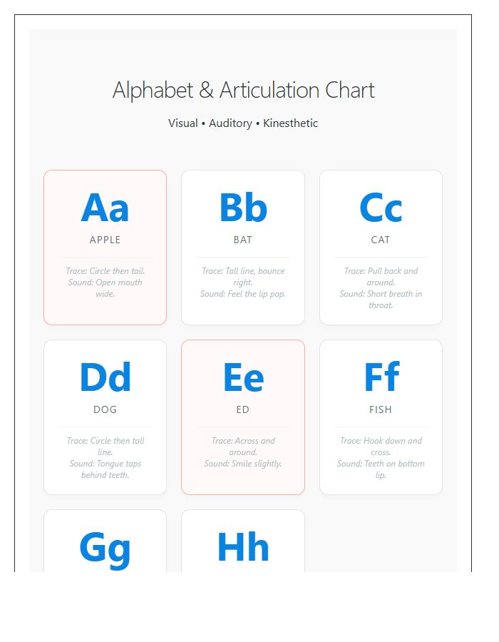 Multisensory Printable Alphabet Chart For Primary Classrooms