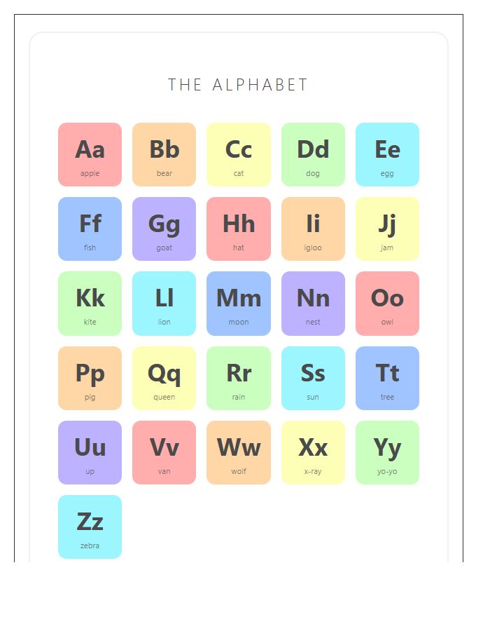 Playroom Rainbow Motif Printable Alphabet Chart