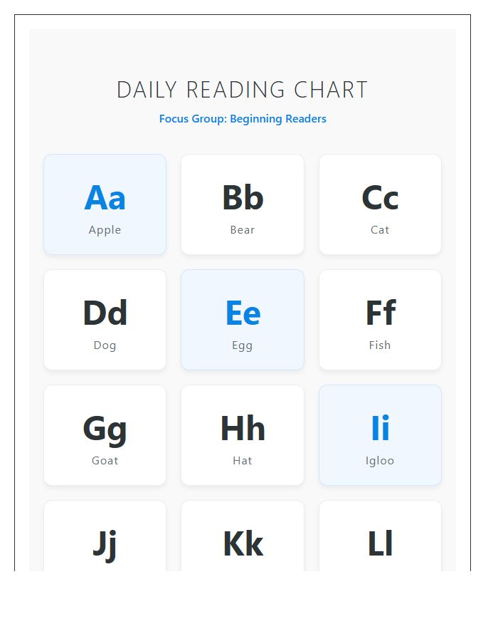 Classroom Daily Reading Alphabet Chart
