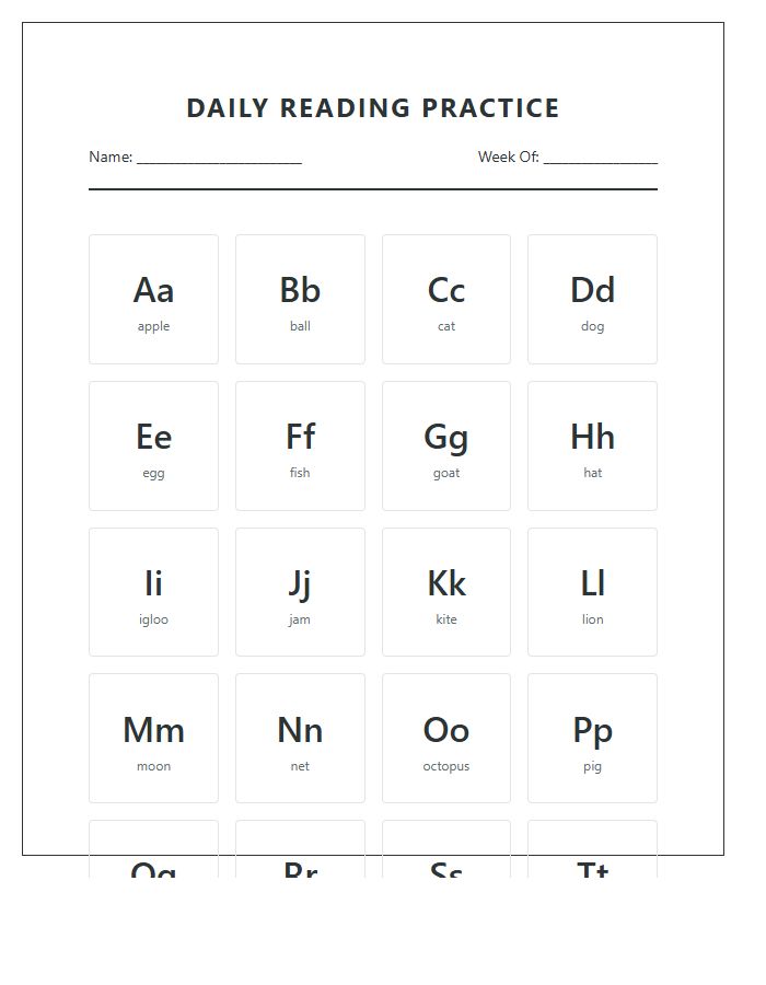 Daily Reading Practice Printable Alphabet Chart