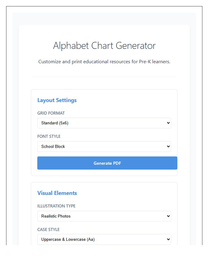 Pre-K Learning Printable Alphabet Chart Tools