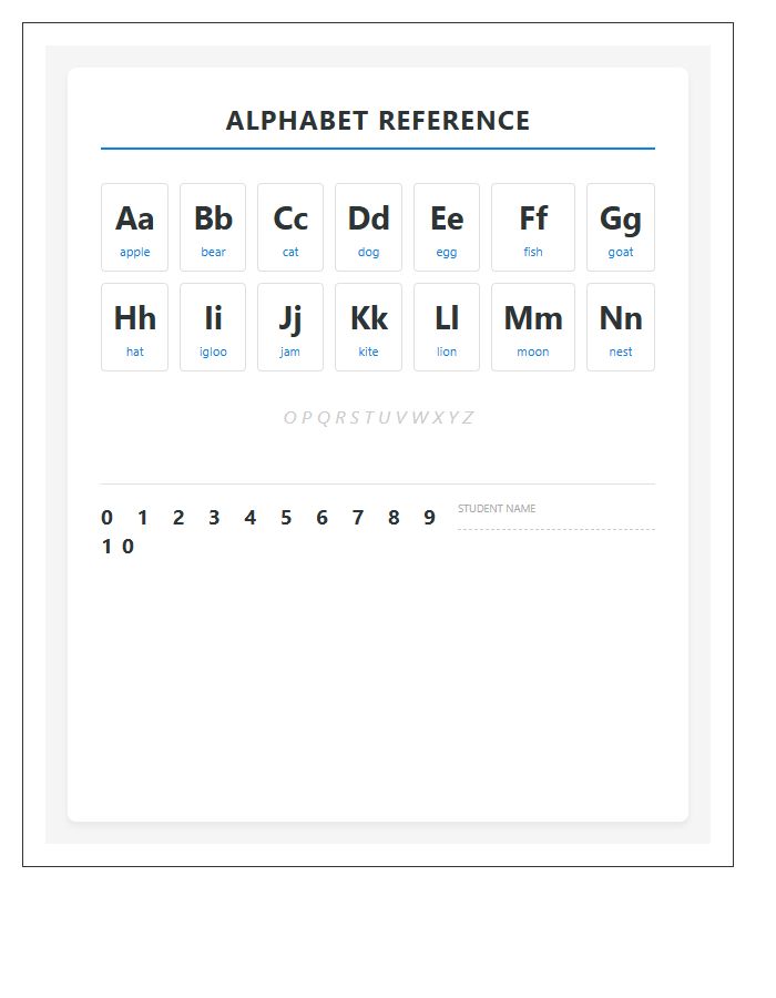 Student Desk Printable Alphabet Chart