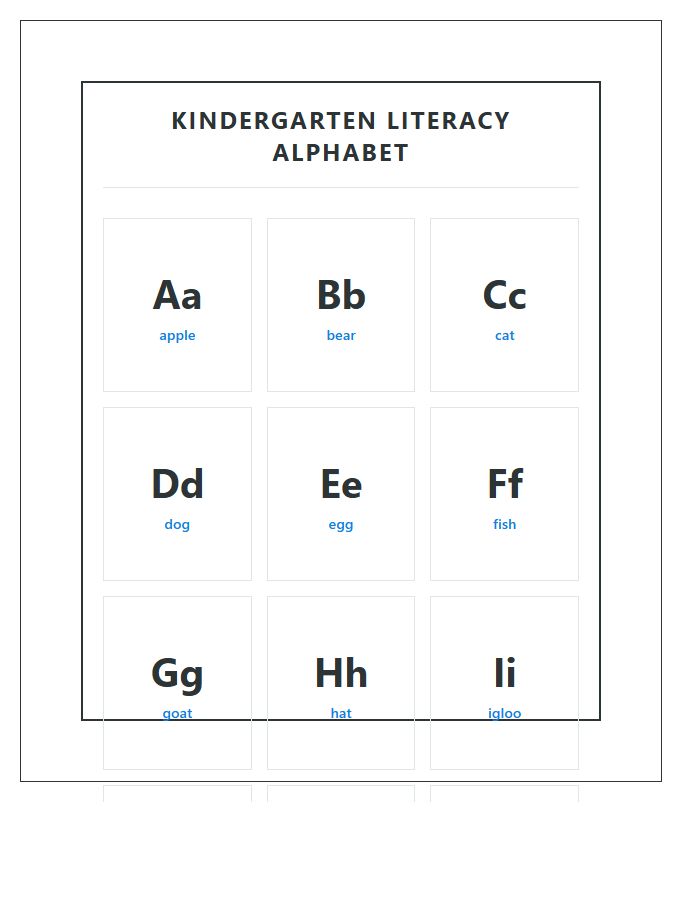 Kindergarten Literacy Program Printable Alphabet Chart